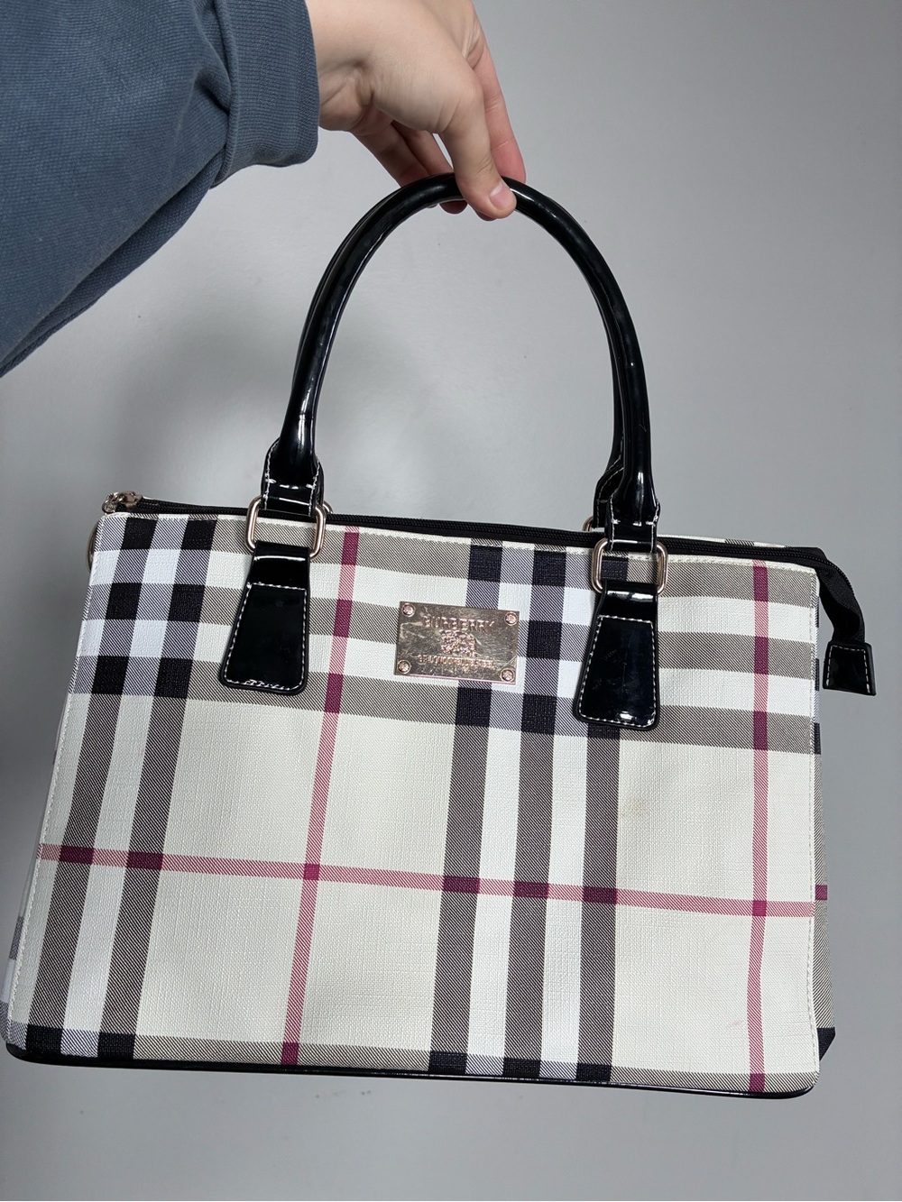 Burberry Plaid Tote Purse in Cream, Black & Red/Pink